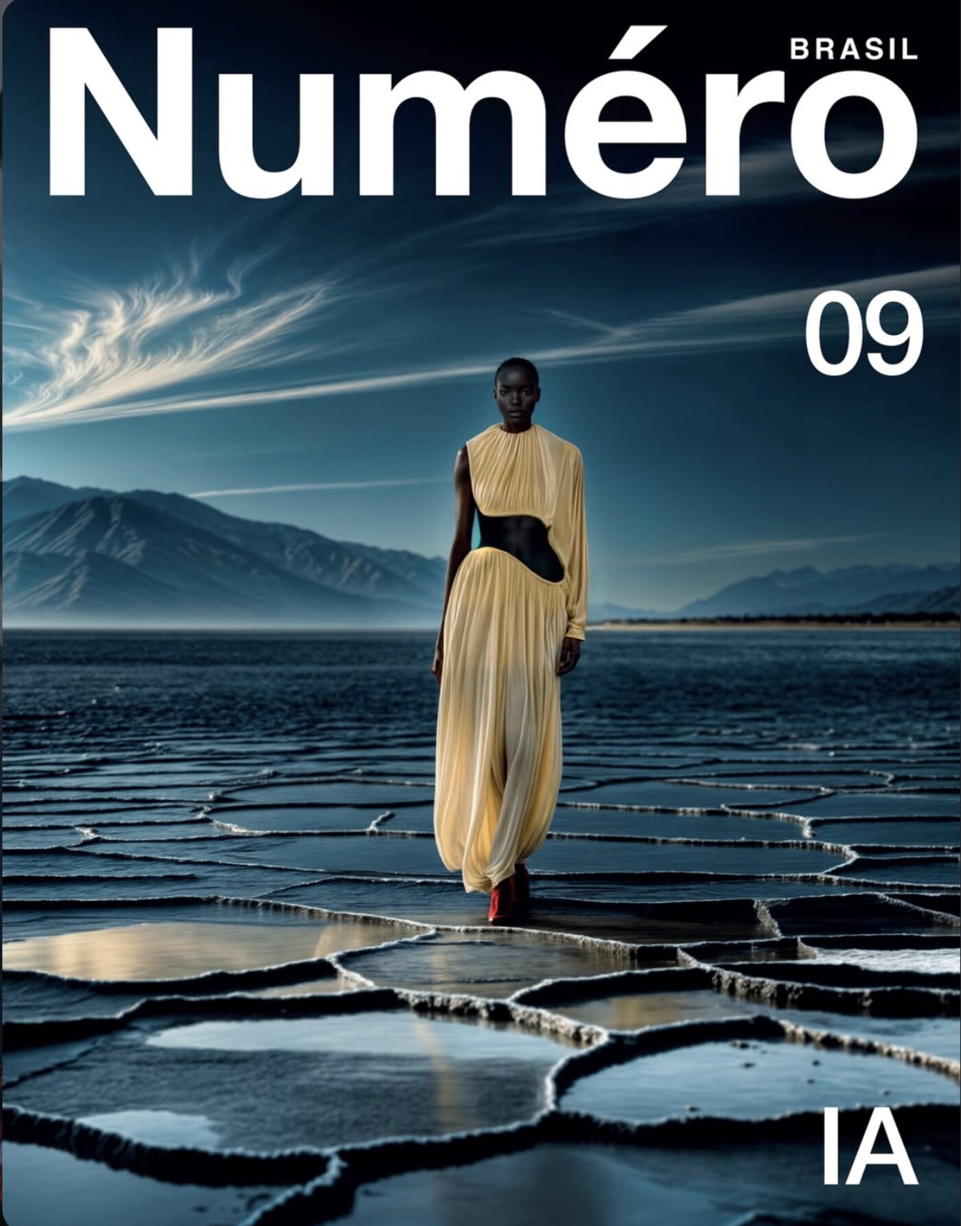 Capa de revista: modelo de vestido amarelo em salina, projeto de imagem híbrida